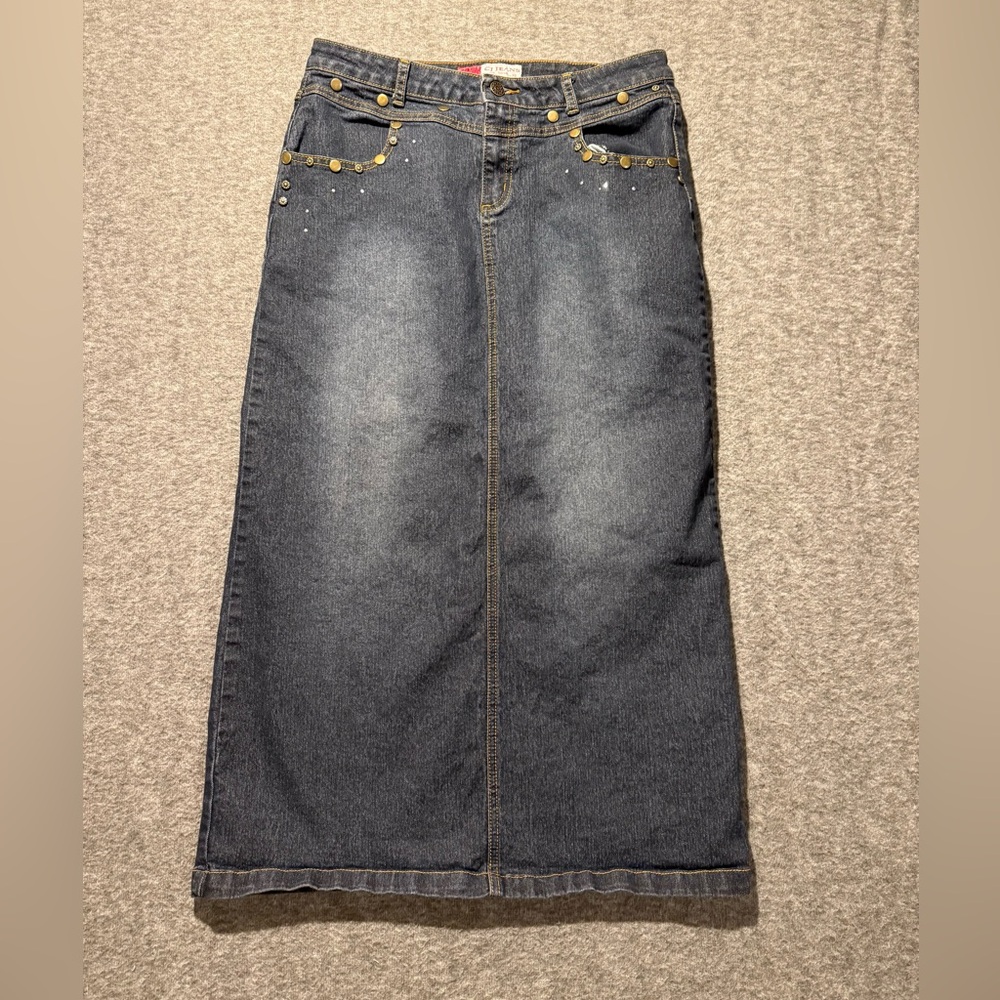CJ Jeans Vtg Denim Midi Skirt Womens 9 blue long stretch back slit beads bling